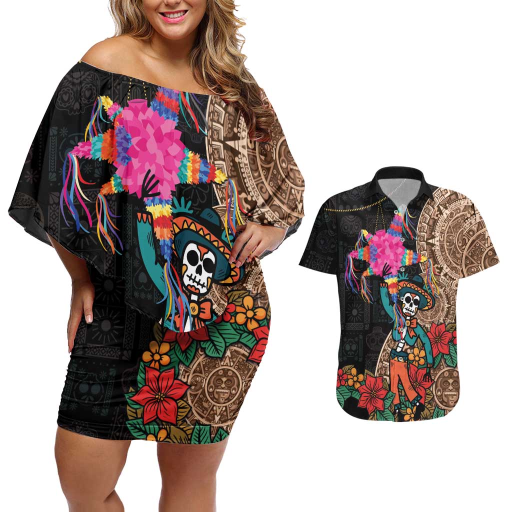 Las Posadas Couples Matching Off Shoulder Short Dress and Hawaiian Shirt Pinata With Mexican Aztec Circle - Wonder Print Shop