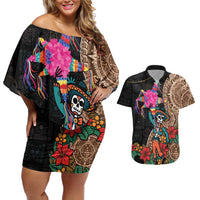 Las Posadas Couples Matching Off Shoulder Short Dress and Hawaiian Shirt Pinata With Mexican Aztec Circle - Wonder Print Shop