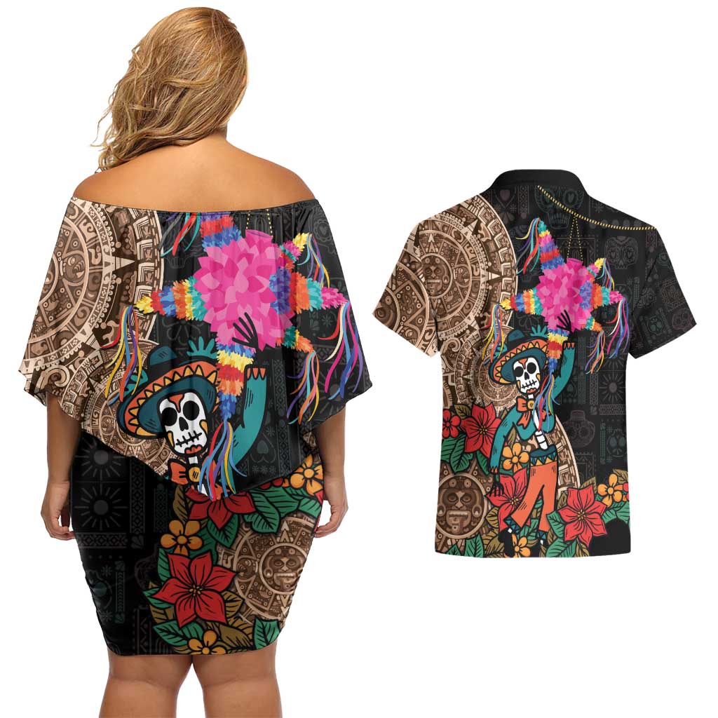 Las Posadas Couples Matching Off Shoulder Short Dress and Hawaiian Shirt Pinata With Mexican Aztec Circle - Wonder Print Shop