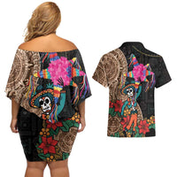 Las Posadas Couples Matching Off Shoulder Short Dress and Hawaiian Shirt Pinata With Mexican Aztec Circle - Wonder Print Shop