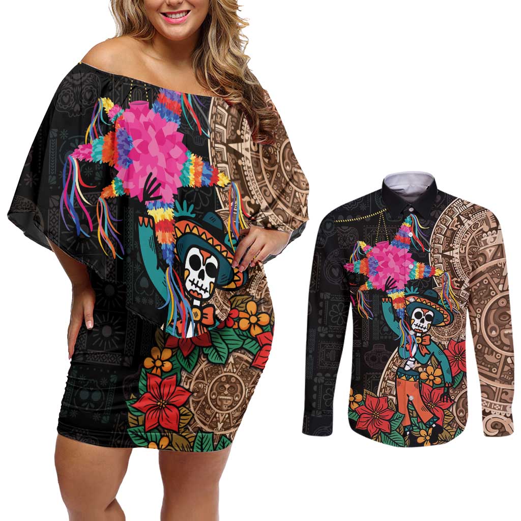 Las Posadas Couples Matching Off Shoulder Short Dress and Long Sleeve Button Shirt Pinata With Mexican Aztec Circle - Wonder Print Shop