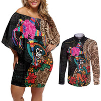 Las Posadas Couples Matching Off Shoulder Short Dress and Long Sleeve Button Shirt Pinata With Mexican Aztec Circle - Wonder Print Shop