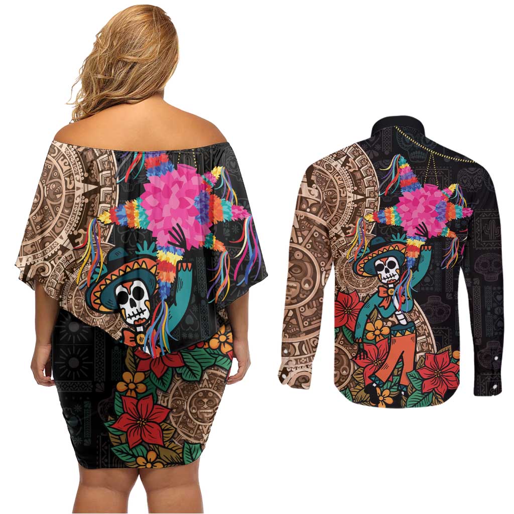 Las Posadas Couples Matching Off Shoulder Short Dress and Long Sleeve Button Shirt Pinata With Mexican Aztec Circle - Wonder Print Shop