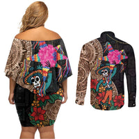 Las Posadas Couples Matching Off Shoulder Short Dress and Long Sleeve Button Shirt Pinata With Mexican Aztec Circle - Wonder Print Shop