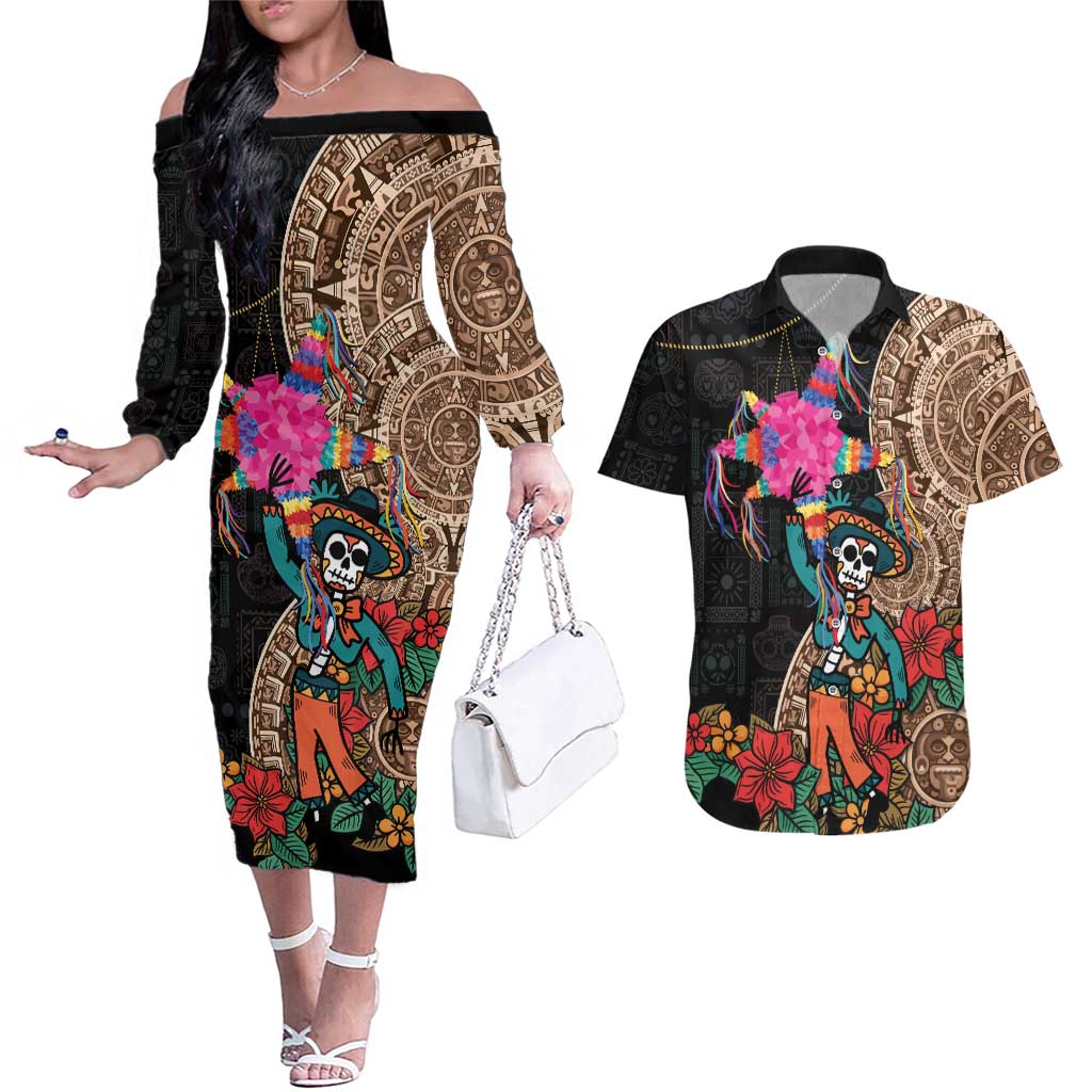 Las Posadas Couples Matching Off The Shoulder Long Sleeve Dress and Hawaiian Shirt Pinata With Mexican Aztec Circle - Wonder Print Shop