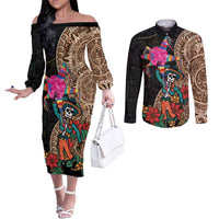 Las Posadas Couples Matching Off The Shoulder Long Sleeve Dress and Long Sleeve Button Shirt Pinata With Mexican Aztec Circle