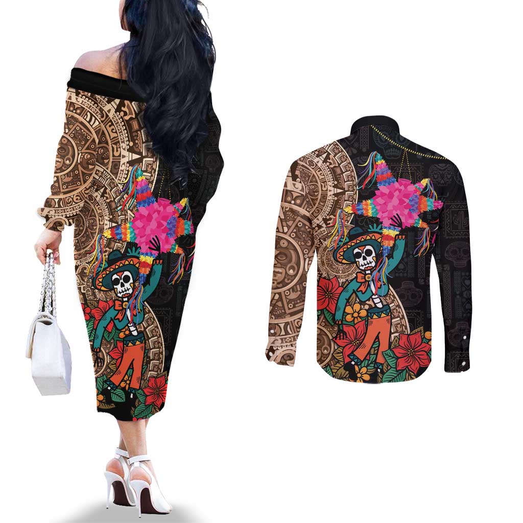 Las Posadas Couples Matching Off The Shoulder Long Sleeve Dress and Long Sleeve Button Shirt Pinata With Mexican Aztec Circle