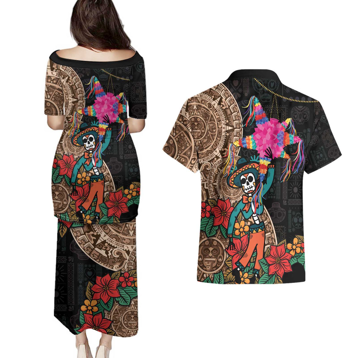 Las Posadas Couples Matching Puletasi and Hawaiian Shirt Pinata With Mexican Aztec Circle - Wonder Print Shop
