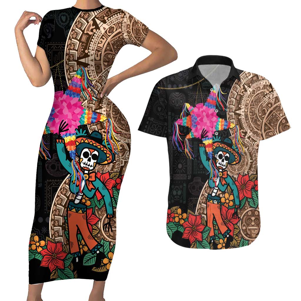 Las Posadas Couples Matching Short Sleeve Bodycon Dress and Hawaiian Shirt Pinata With Mexican Aztec Circle - Wonder Print Shop