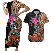 Las Posadas Couples Matching Short Sleeve Bodycon Dress and Hawaiian Shirt Pinata With Mexican Aztec Circle - Wonder Print Shop