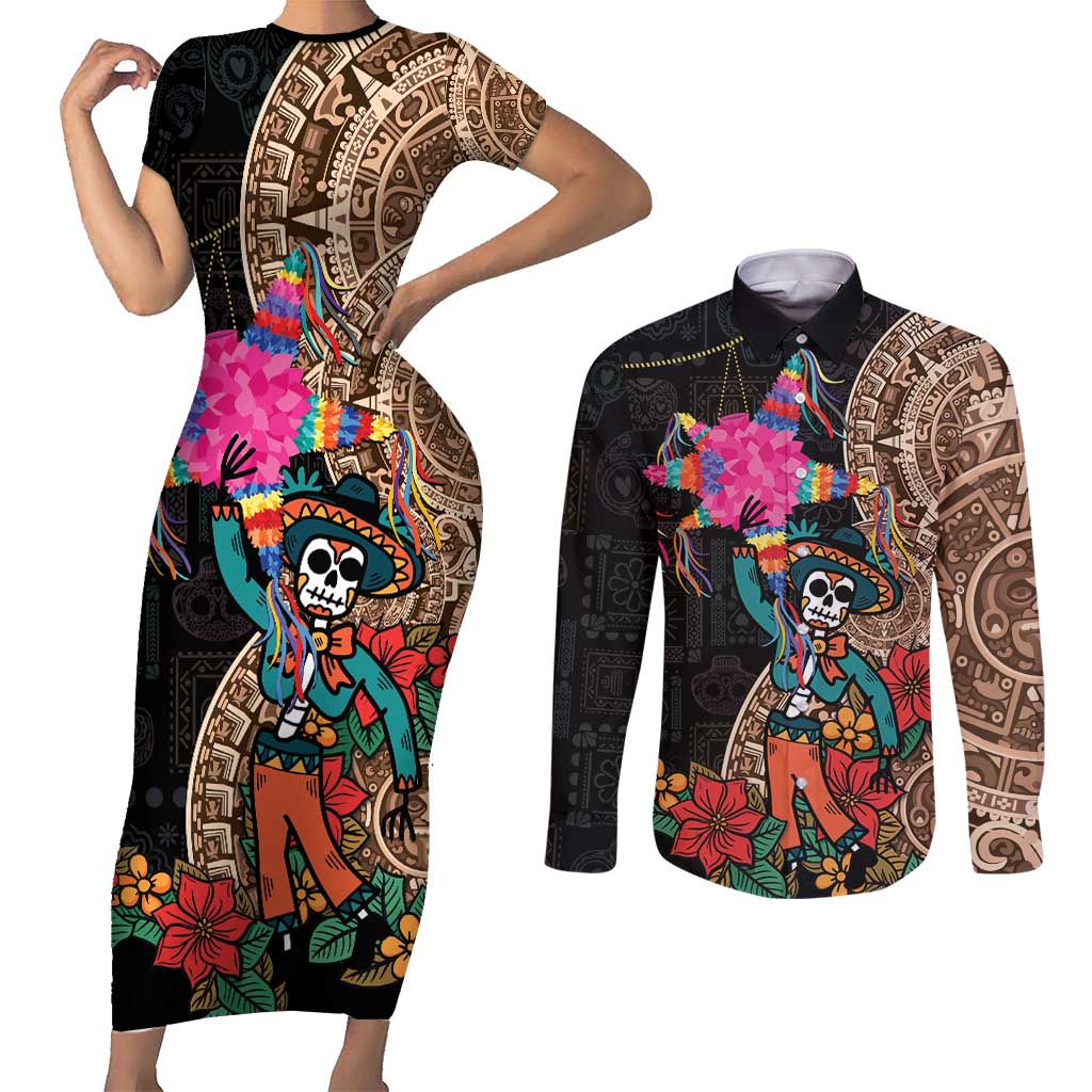 Las Posadas Couples Matching Short Sleeve Bodycon Dress and Long Sleeve Button Shirt Pinata With Mexican Aztec Circle - Wonder Print Shop