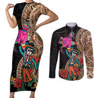 Las Posadas Couples Matching Short Sleeve Bodycon Dress and Long Sleeve Button Shirt Pinata With Mexican Aztec Circle - Wonder Print Shop