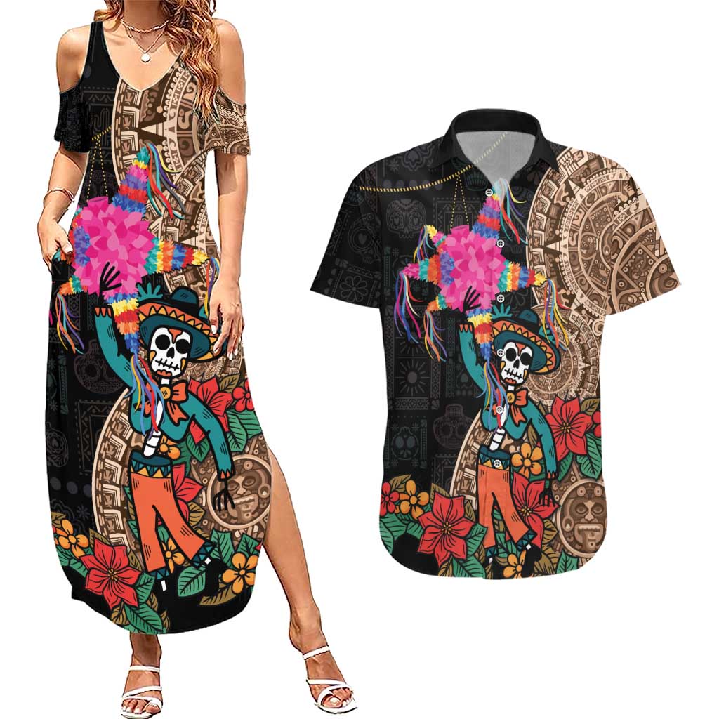 Las Posadas Couples Matching Summer Maxi Dress and Hawaiian Shirt Pinata With Mexican Aztec Circle - Wonder Print Shop