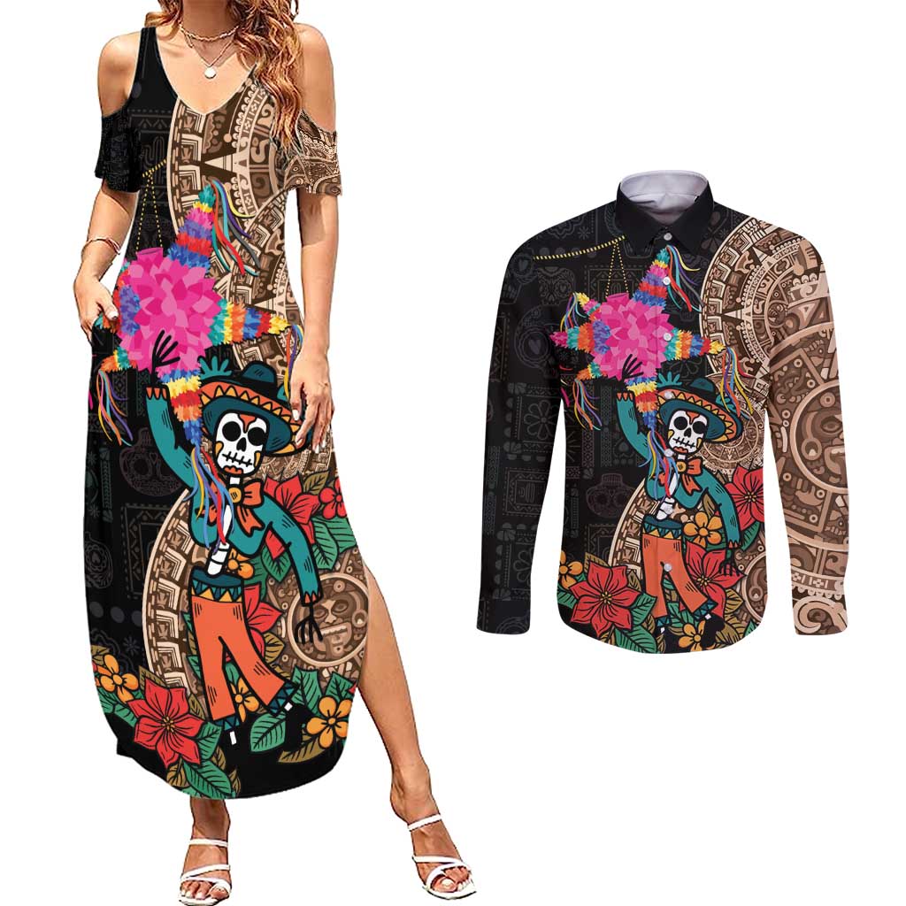 Las Posadas Couples Matching Summer Maxi Dress and Long Sleeve Button Shirt Pinata With Mexican Aztec Circle - Wonder Print Shop