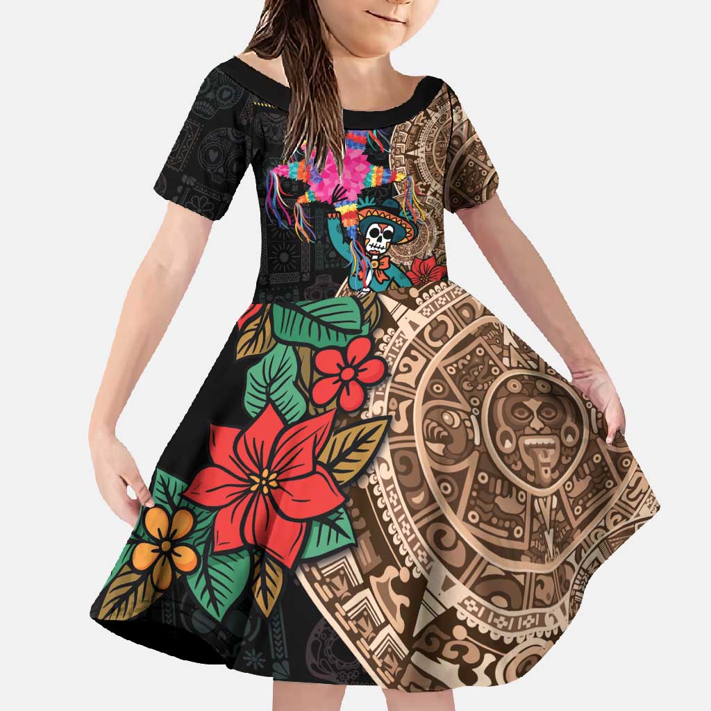 Las Posadas Family Matching Long Sleeve Bodycon Dress and Hawaiian Shirt Pinata With Mexican Aztec Circle - Wonder Print Shop