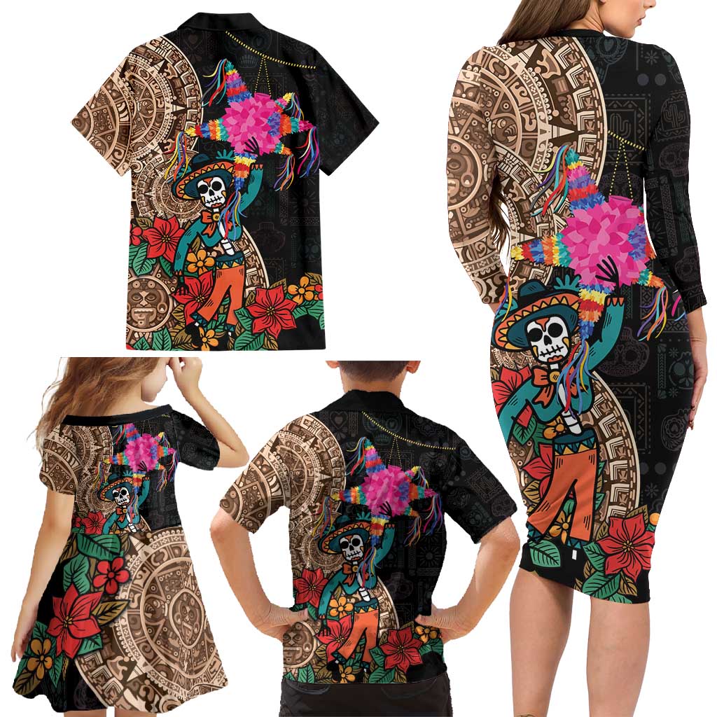 Las Posadas Family Matching Long Sleeve Bodycon Dress and Hawaiian Shirt Pinata With Mexican Aztec Circle - Wonder Print Shop