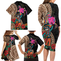 Las Posadas Family Matching Long Sleeve Bodycon Dress and Hawaiian Shirt Pinata With Mexican Aztec Circle - Wonder Print Shop
