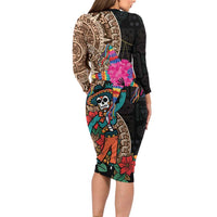 Las Posadas Family Matching Long Sleeve Bodycon Dress and Hawaiian Shirt Pinata With Mexican Aztec Circle - Wonder Print Shop