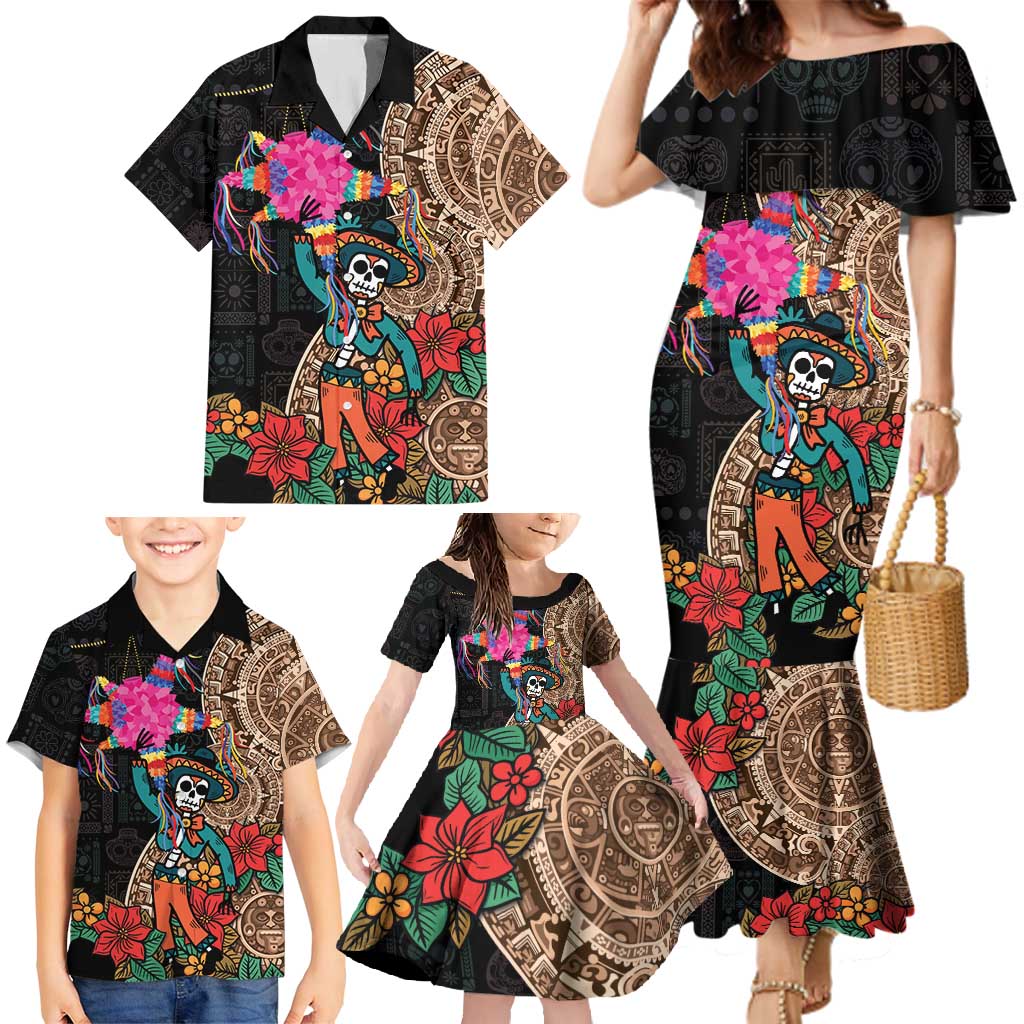 Las Posadas Family Matching Mermaid Dress and Hawaiian Shirt Pinata With Mexican Aztec Circle - Wonder Print Shop