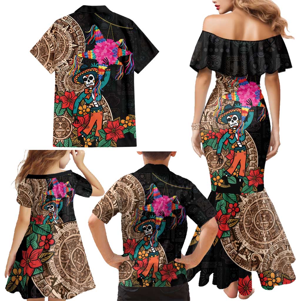 Las Posadas Family Matching Mermaid Dress and Hawaiian Shirt Pinata With Mexican Aztec Circle - Wonder Print Shop