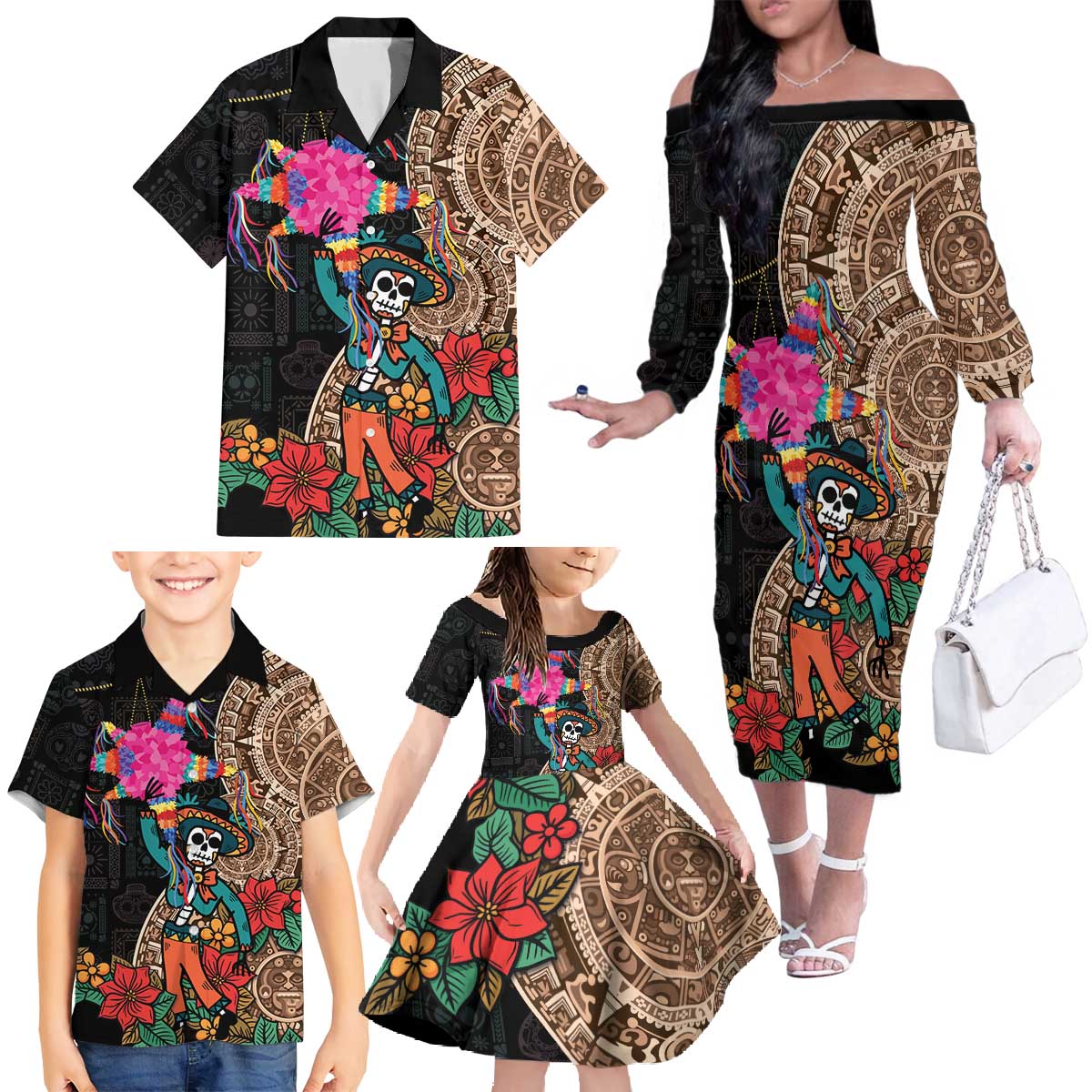 Las Posadas Family Matching Off The Shoulder Long Sleeve Dress and Hawaiian Shirt Pinata With Mexican Aztec Circle - Wonder Print Shop