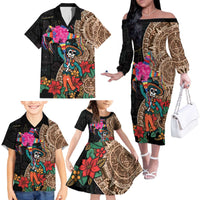 Las Posadas Family Matching Off The Shoulder Long Sleeve Dress and Hawaiian Shirt Pinata With Mexican Aztec Circle - Wonder Print Shop