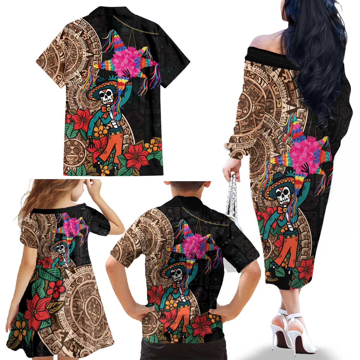 Las Posadas Family Matching Off The Shoulder Long Sleeve Dress and Hawaiian Shirt Pinata With Mexican Aztec Circle - Wonder Print Shop