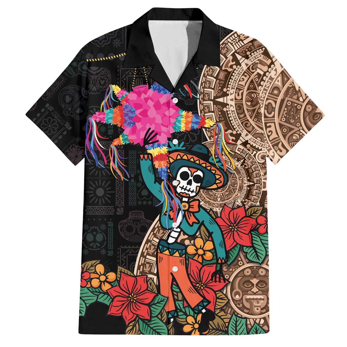 Las Posadas Family Matching Off The Shoulder Long Sleeve Dress and Hawaiian Shirt Pinata With Mexican Aztec Circle - Wonder Print Shop