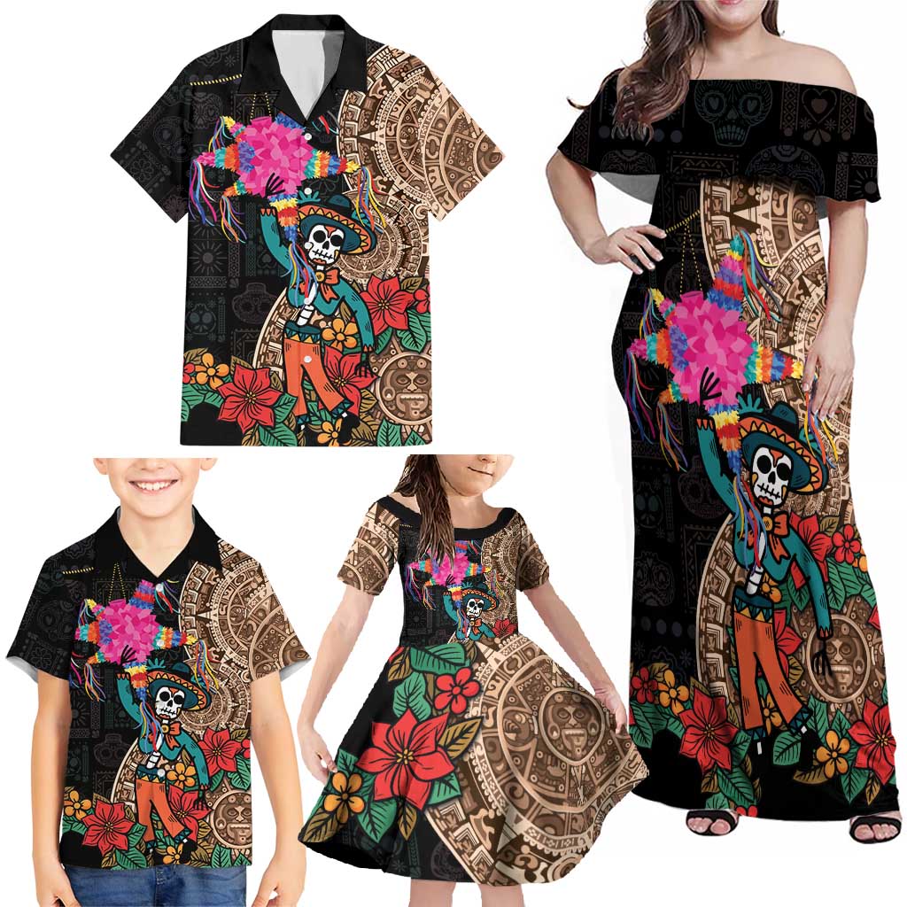 Las Posadas Family Matching Off Shoulder Maxi Dress and Hawaiian Shirt Pinata With Mexican Aztec Circle - Wonder Print Shop