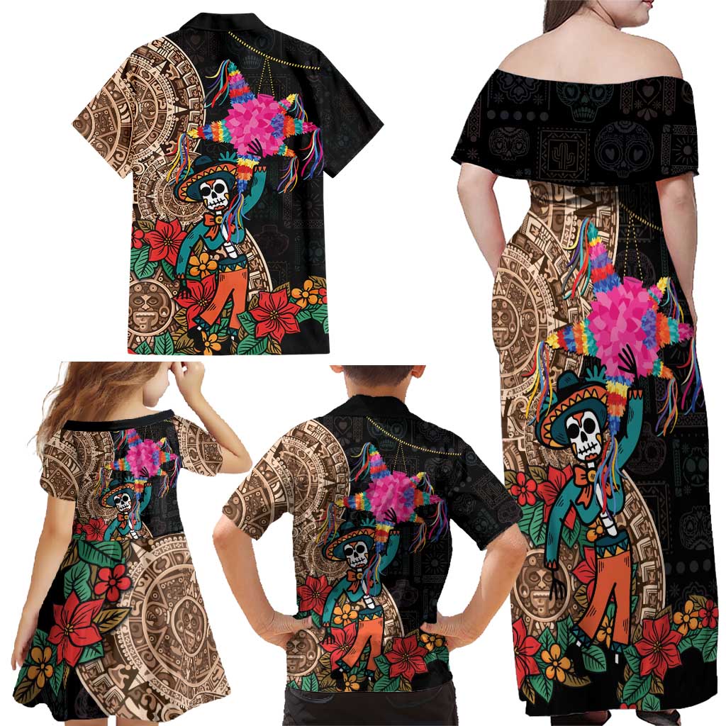 Las Posadas Family Matching Off Shoulder Maxi Dress and Hawaiian Shirt Pinata With Mexican Aztec Circle - Wonder Print Shop