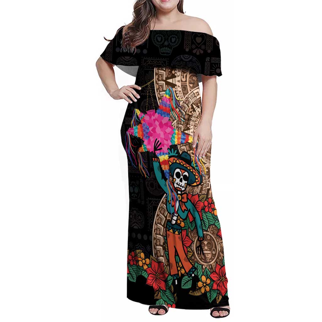 Las Posadas Family Matching Off Shoulder Maxi Dress and Hawaiian Shirt Pinata With Mexican Aztec Circle - Wonder Print Shop