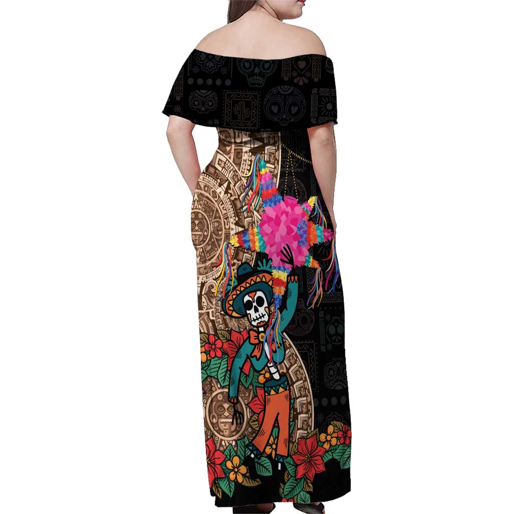 Las Posadas Family Matching Off Shoulder Maxi Dress and Hawaiian Shirt Pinata With Mexican Aztec Circle - Wonder Print Shop