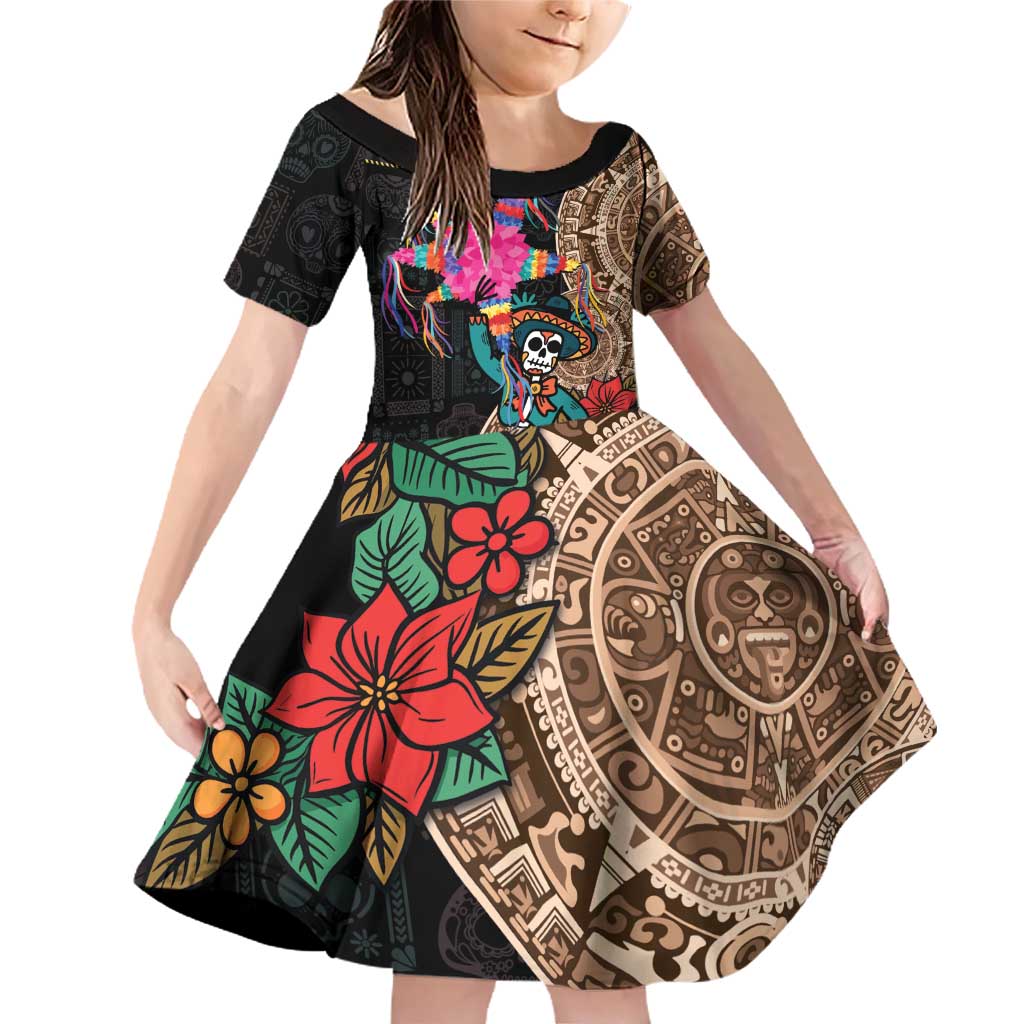 Las Posadas Family Matching Off Shoulder Short Dress and Hawaiian Shirt Pinata With Mexican Aztec Circle - Wonder Print Shop