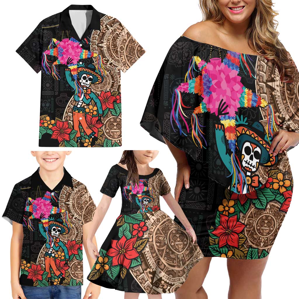Las Posadas Family Matching Off Shoulder Short Dress and Hawaiian Shirt Pinata With Mexican Aztec Circle - Wonder Print Shop