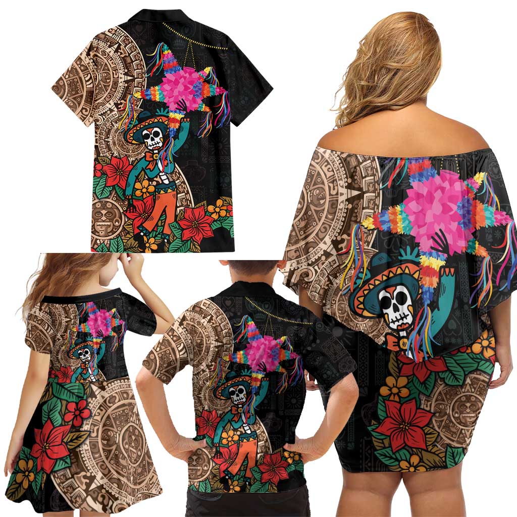 Las Posadas Family Matching Off Shoulder Short Dress and Hawaiian Shirt Pinata With Mexican Aztec Circle - Wonder Print Shop