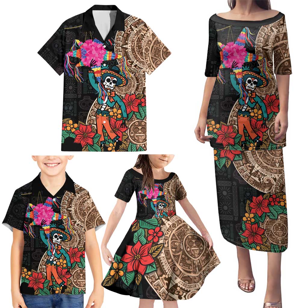Las Posadas Family Matching Puletasi and Hawaiian Shirt Pinata With Mexican Aztec Circle - Wonder Print Shop