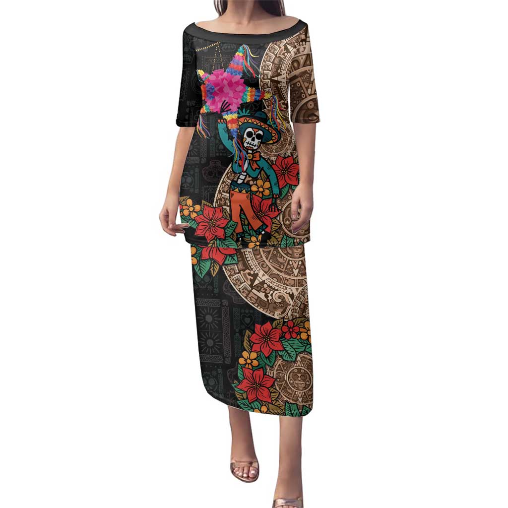 Las Posadas Family Matching Puletasi and Hawaiian Shirt Pinata With Mexican Aztec Circle - Wonder Print Shop