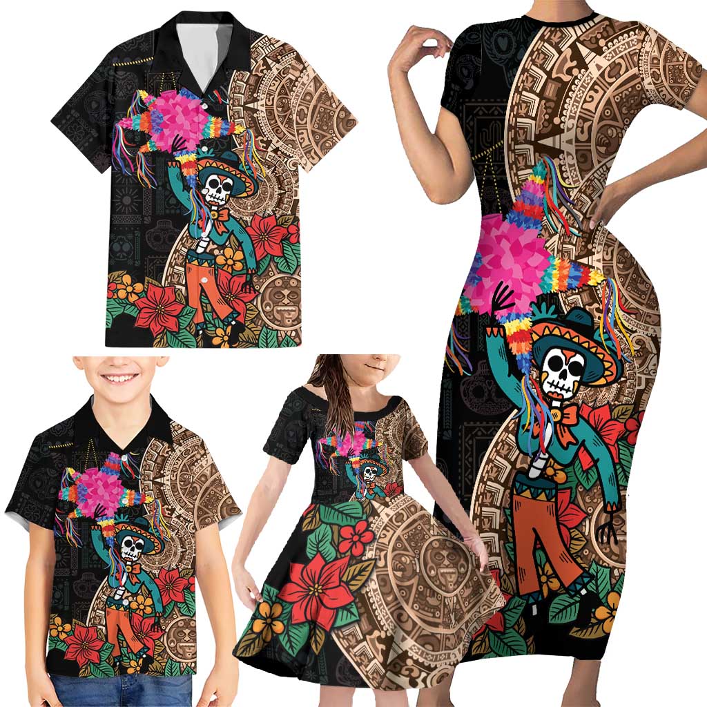 Las Posadas Family Matching Short Sleeve Bodycon Dress and Hawaiian Shirt Pinata With Mexican Aztec Circle - Wonder Print Shop