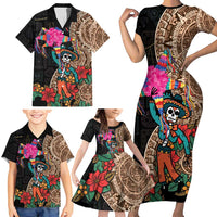 Las Posadas Family Matching Short Sleeve Bodycon Dress and Hawaiian Shirt Pinata With Mexican Aztec Circle - Wonder Print Shop