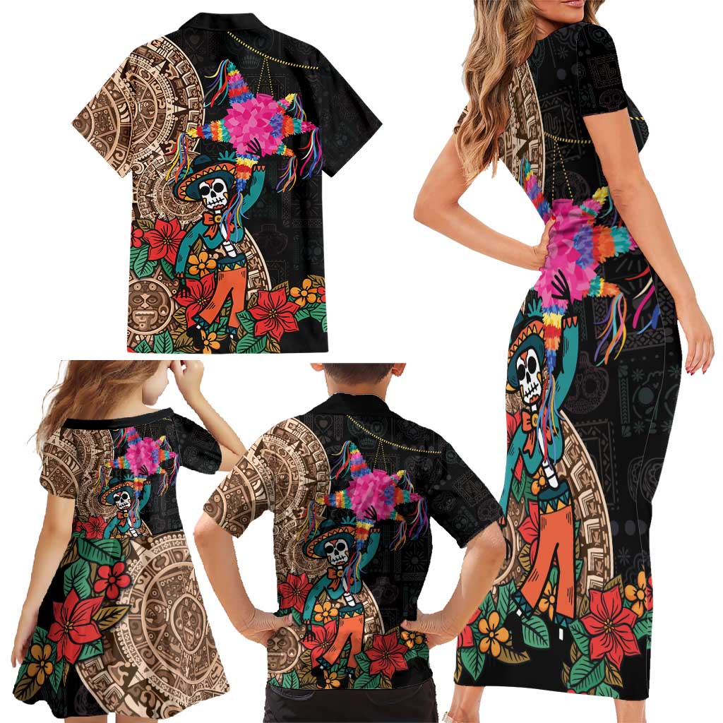 Las Posadas Family Matching Short Sleeve Bodycon Dress and Hawaiian Shirt Pinata With Mexican Aztec Circle - Wonder Print Shop