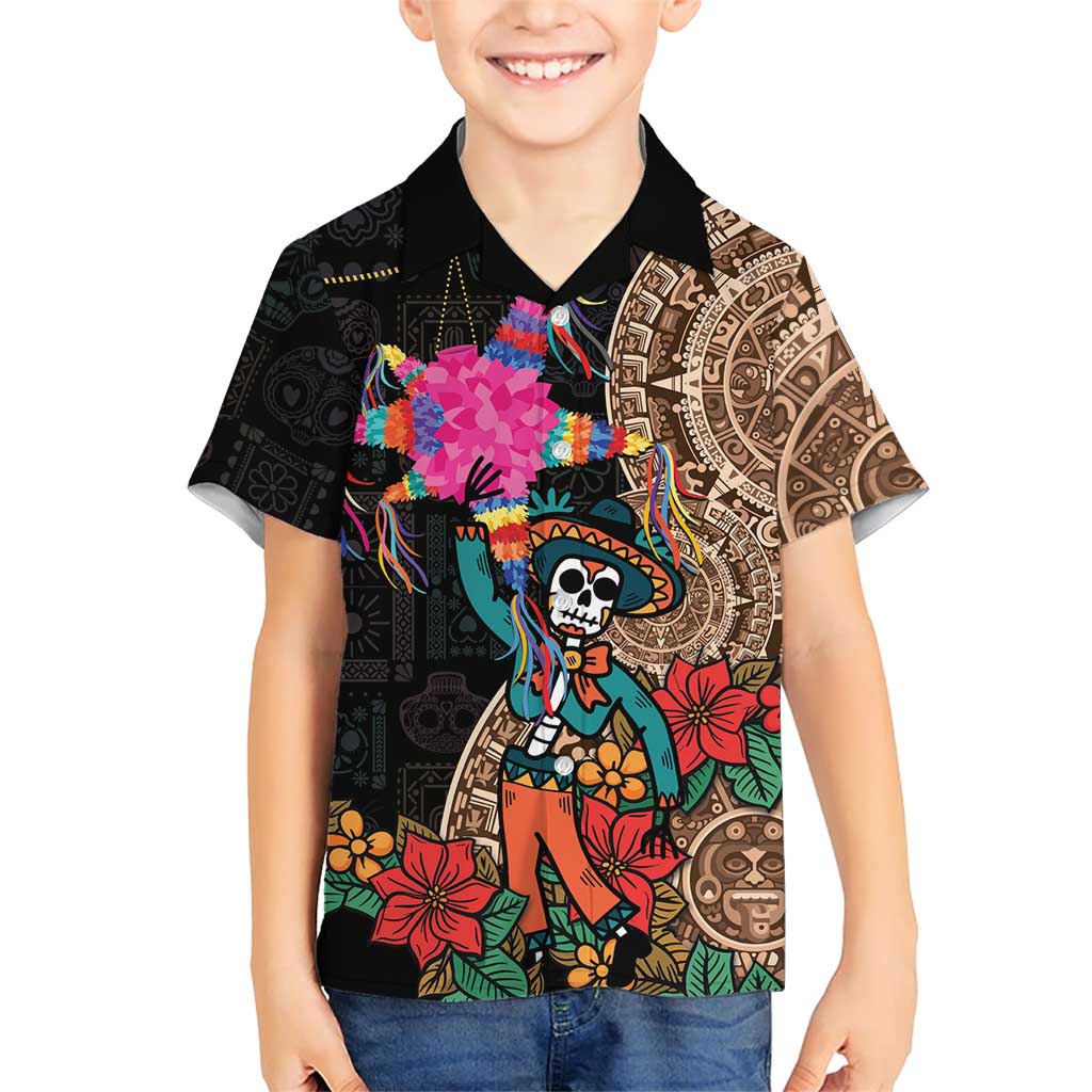 Las Posadas Family Matching Short Sleeve Bodycon Dress and Hawaiian Shirt Pinata With Mexican Aztec Circle - Wonder Print Shop