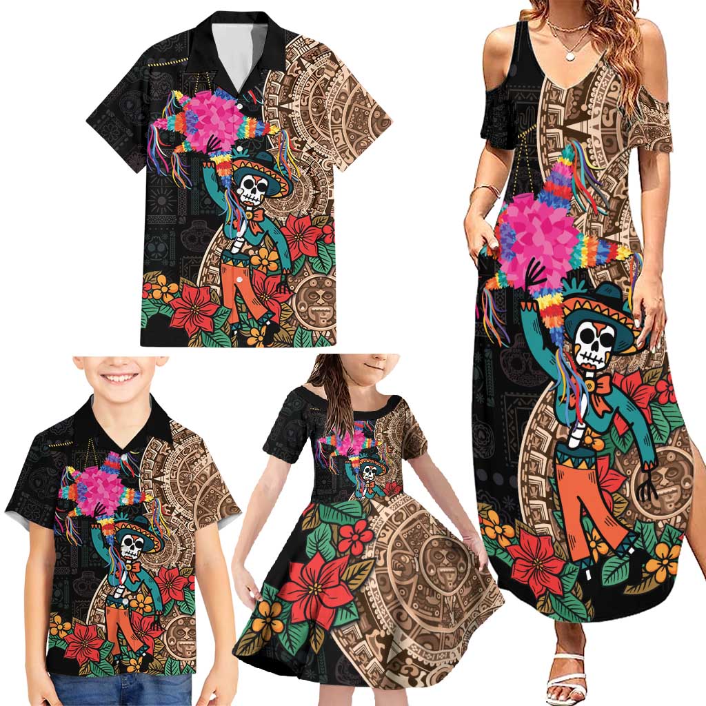 Las Posadas Family Matching Summer Maxi Dress and Hawaiian Shirt Pinata With Mexican Aztec Circle - Wonder Print Shop