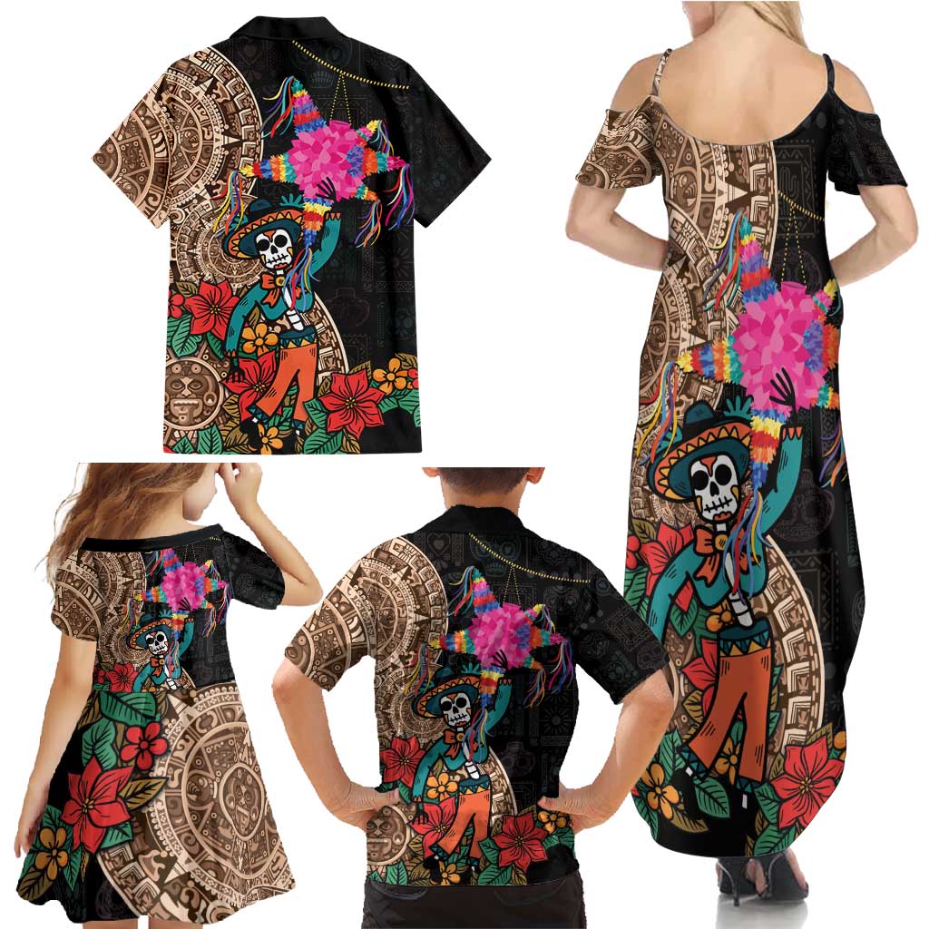 Las Posadas Family Matching Summer Maxi Dress and Hawaiian Shirt Pinata With Mexican Aztec Circle - Wonder Print Shop