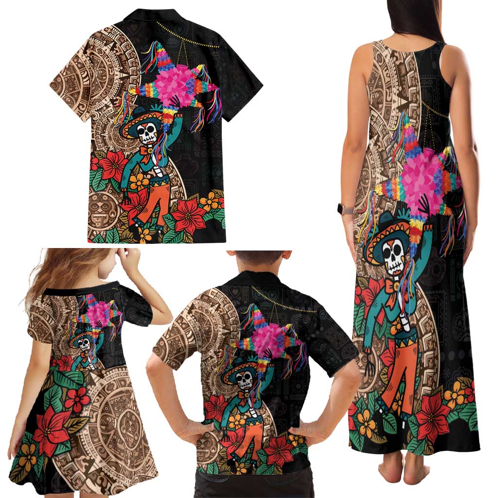 Las Posadas Family Matching Tank Maxi Dress and Hawaiian Shirt Pinata With Mexican Aztec Circle - Wonder Print Shop