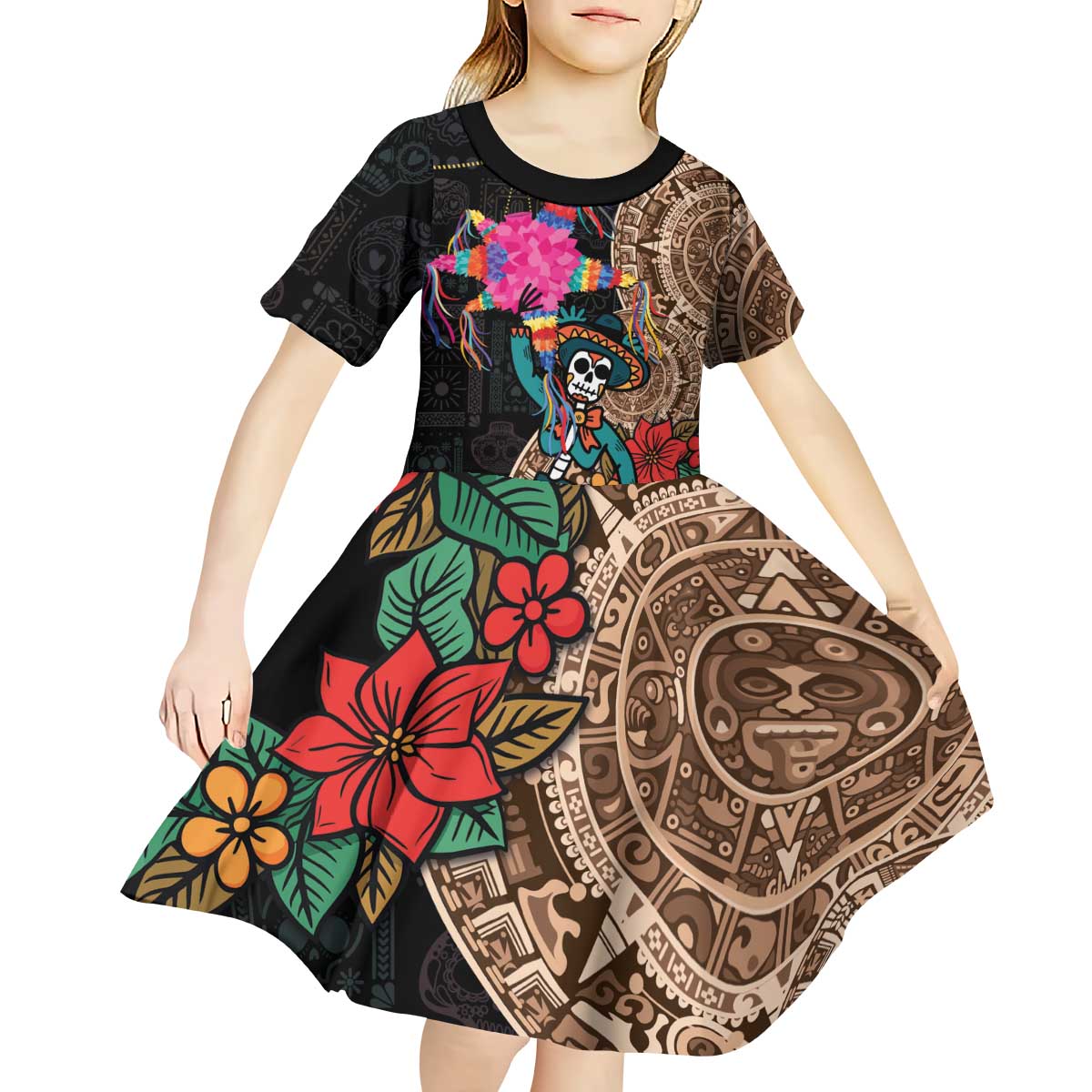 Las Posadas Kid Short Sleeve Dress Pinata With Mexican Aztec Circle - Wonder Print Shop