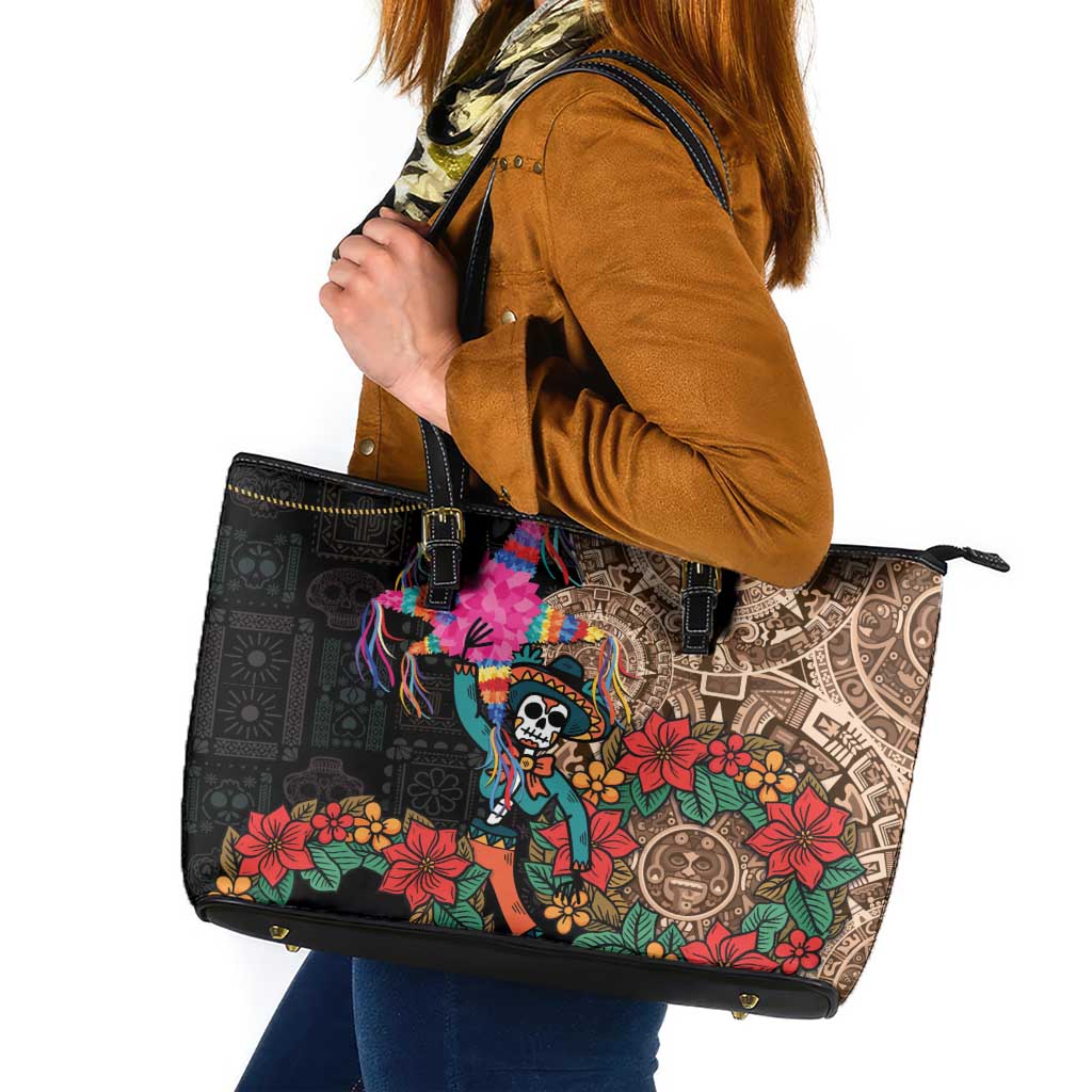 Las Posadas Leather Tote Bag Pinata With Mexican Aztec Circle - Wonder Print Shop