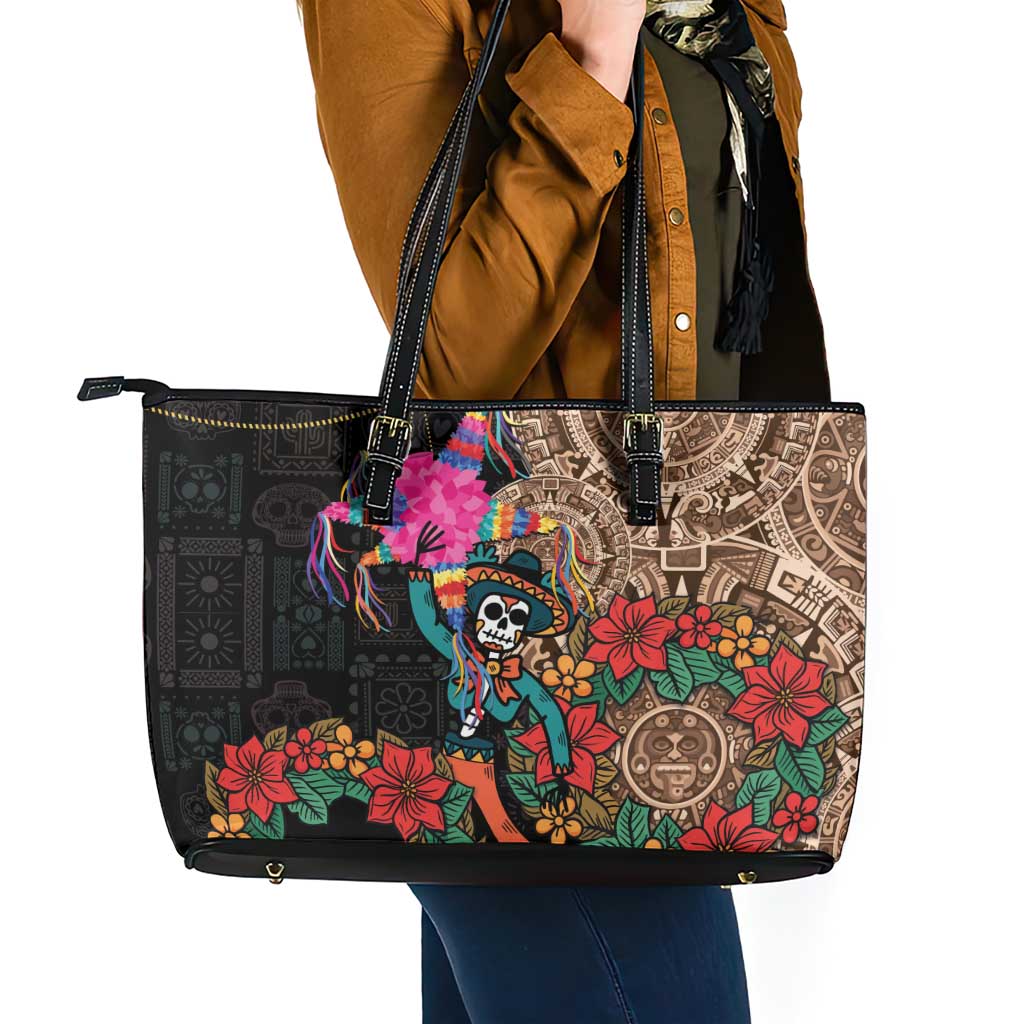 Las Posadas Leather Tote Bag Pinata With Mexican Aztec Circle - Wonder Print Shop
