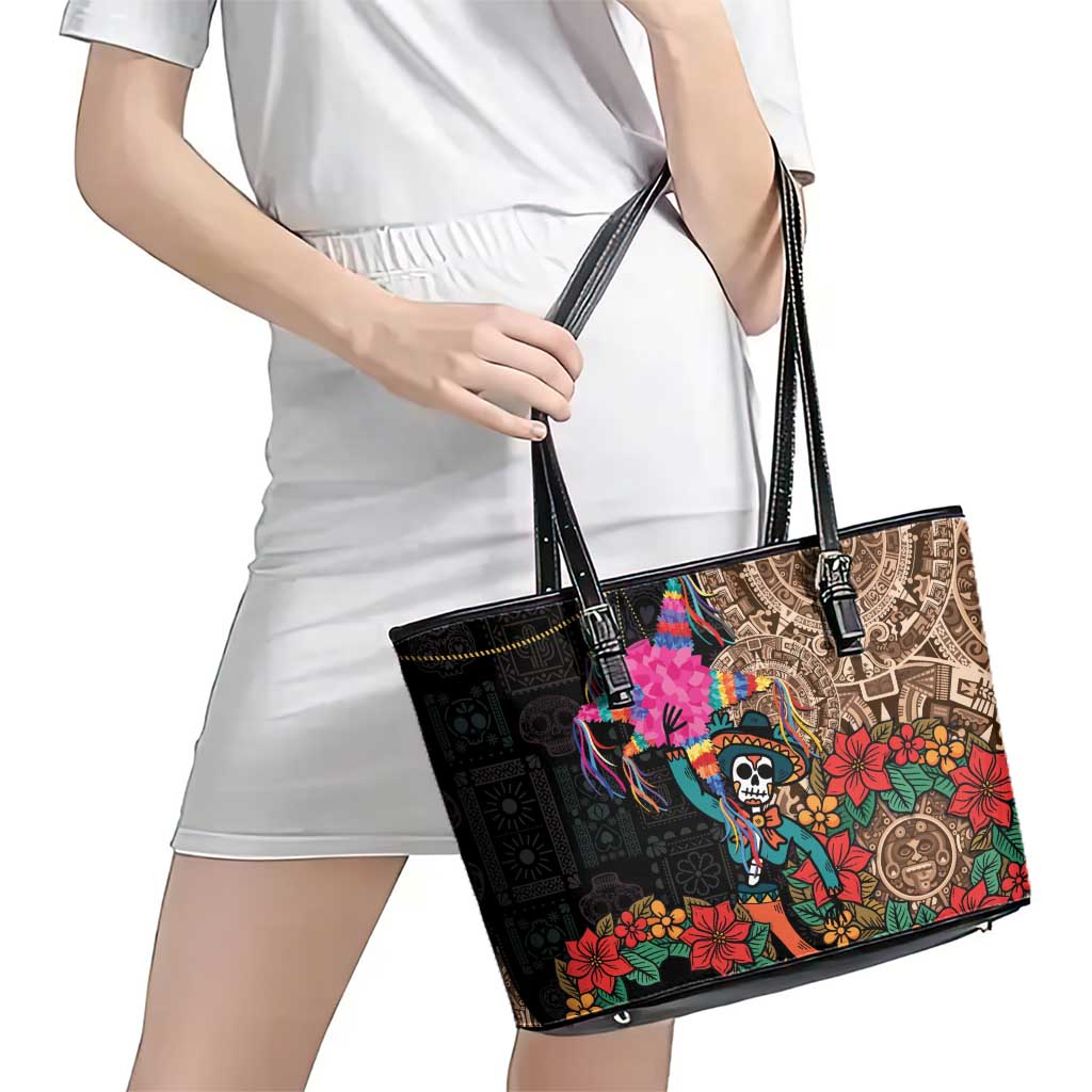 Las Posadas Leather Tote Bag Pinata With Mexican Aztec Circle - Wonder Print Shop