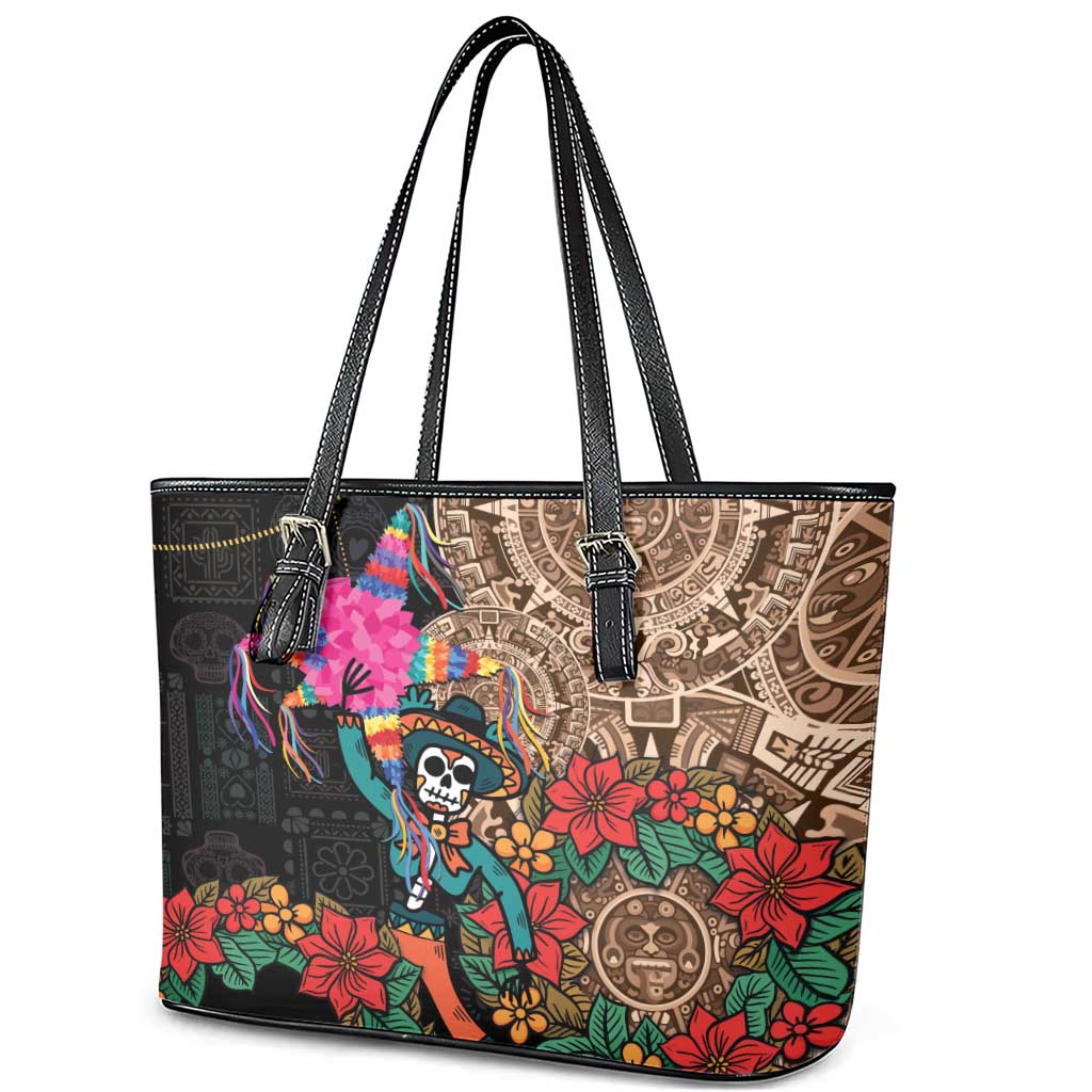 Las Posadas Leather Tote Bag Pinata With Mexican Aztec Circle - Wonder Print Shop