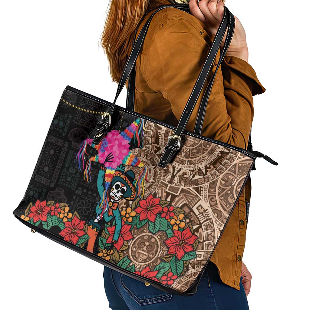 Las Posadas Leather Tote Bag Pinata With Mexican Aztec Circle - Wonder Print Shop